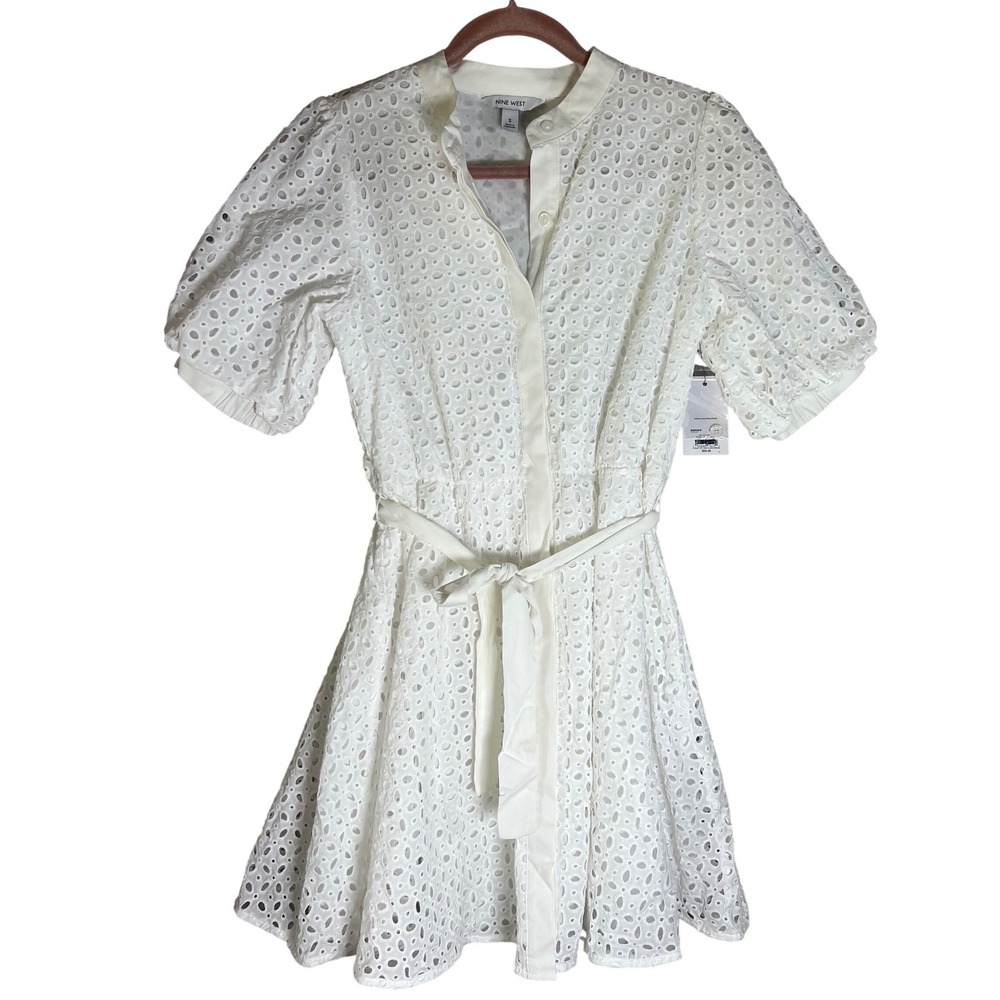 Nine West Womens White Eyelet Fit and Flare Dress Cottagecore Coquette Preppy